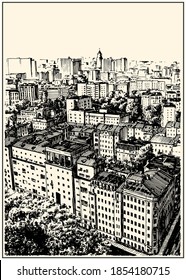 Moscow city modern panoram birds eye view. Black and white hand drawing with pen and ink. Sketch style.