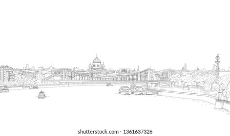 Moscow city panorama drawing with a view of the Cathedral of Christ the Savior