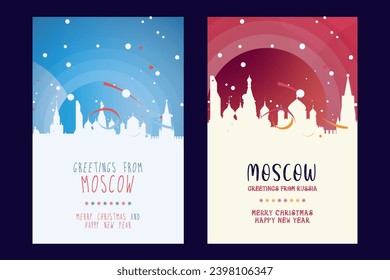 Moscow city poster with Christmas skyline, cityscape, landmarks. Winter Russia capital town holiday, New Year vertical vector layout for brochure, website, flyer, leaflet, card