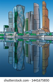 Moscow city, river, clear sky and summer streets