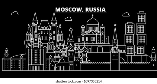 Moscow city silhouette skyline. Russia - Moscow city vector city, russian linear architecture, buildings. Moscow city travel illustration, outline landmarks. Russia flat icon, russian line banner