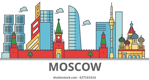 Moscow city skyline: buildings, streets, silhouette, architecture, landscape, panorama, landmarks. Editable strokes. Flat design line vector illustration concept. Isolated icons on white background