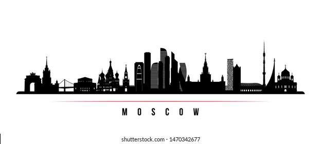 Moscow city skyline horizontal banner. Black and white silhouette of Moscow city, Russia. Vector template for your design. 