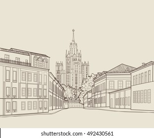 Moscow City Street View With Famous Stalin Skyscraper Building On Background. Moscow Cityscape. Travel Russia Engraving Skyline