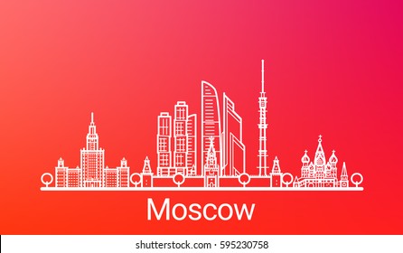 Moscow City White Line On Colorful Background. All Moscow Buildings - Customizable Objects With Opacity Mask, So You Can Simple Change Composition And Background. Line Art.