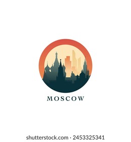 Moscow cityscape, gradient vector badge, flat skyline logo, icon. Russia capital city round emblem idea with landmarks and building silhouettes. Isolated graphic