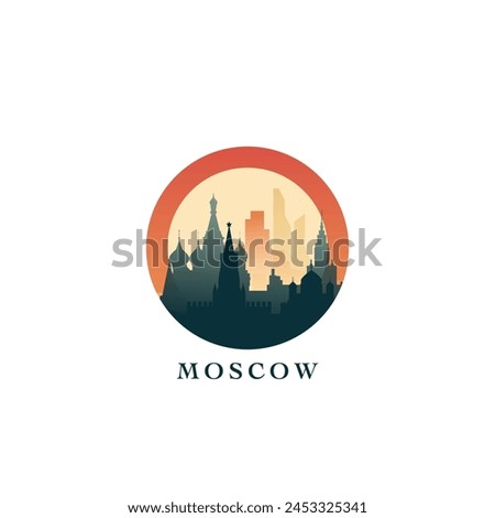 Moscow cityscape, gradient vector badge, flat skyline logo, icon. Russia capital city round emblem idea with landmarks and building silhouettes. Isolated graphic