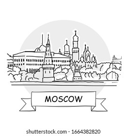 Moscow Cityscape Vector Sign. Line Art Illustration with Ribbon and Title.