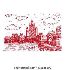 Moscow cityscape. View of Kotelnicheskaya Embankment High-Rise Building. Sketch by hand. Vector illustration