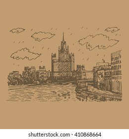 Moscow cityscape. View of Moskvoretskaya Embankment of Moskva River, Raushskaya quay, Bolshoy Ustinsky Bridge and Kotelnicheskaya Embankment High-Rise Building. Sketch by hand. Vector illustration
