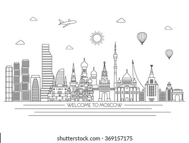 Moscow detailed skyline. Travel and tourism background. Vector line illustration. Line art style.