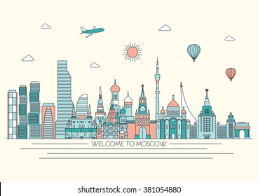 Moscow detailed skyline. Vector background. line illustration. Line art style