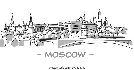 Moscow Hand Drawn Sketch, Two Tone Grey Version, Vector Outline