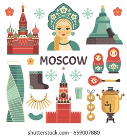 Moscow icons set. Vector collection of Russian culture and attractions images, including St. Basil's Cathedral,  russian doll, Kremlin, samovar, Russian beauty in kokoshnik. Isolated on white.