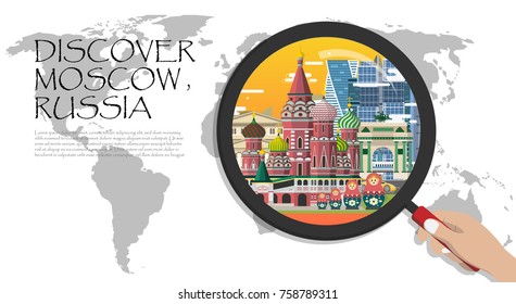 Moscow infographic tourist sights of Russia ,World Map with Magnifying Glass,hand holding magnifying glass,Discover Russia concept.
