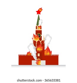 Moscow Kremlin afire. National landmark Russia lit fire. Smoke and flames.  danger Destruction of  Moscow Kremlin. devastation of building. Catastrophe in monument of architecture.
