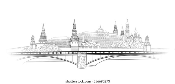 Moscow Kremlin city view sketch. City buildings engraving illustration. Russian urban riverside landscape. Moscow cityscape with landmarks: Kremlin towers, President palace. Travel Russia background