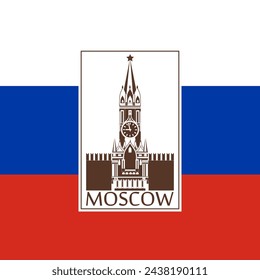 Moscow Kremlin with the inscription Moscow on the background of the Russian flag. Poster, icon, emblem. Vector illustration