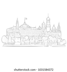 Moscow Kremlin Landmark Sketch. Line Art drawing by hand. Travel design, architecture icon for greeting card, vector background.