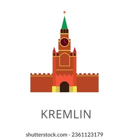 Moscow Kremlin on Red Square flat vector icon. Cartoon drawing or illustration of landmark or tourist attraction on white background. Traveling, vacation, sightseeing, tourism concept