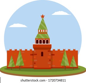 Moscow kremlin. Residence of the Russian. President on red square. Tourist destination for tour to capital. Fortress with a tower and wall. Tourist attraction. Cartoon flat illustration. Summer season
