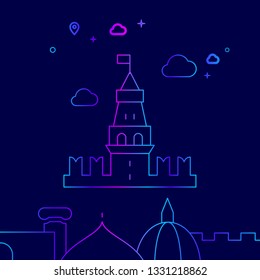 Moscow Kremlin, Russia Vector Line Illustration. Historical Landmarks Gradient Icon, Symbol, Pictogram, Sign. Dark Blue Background. Light Abstract Geometric Background. Related Bottom Border