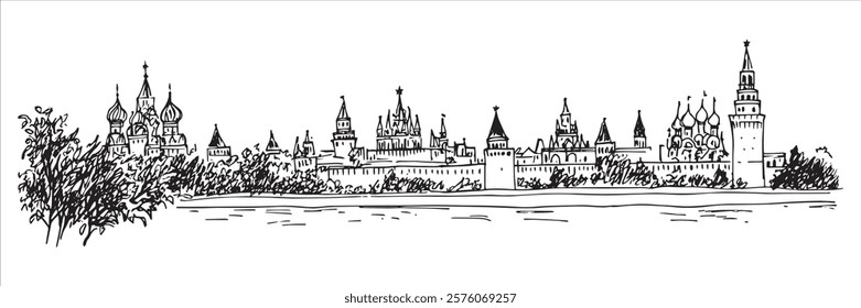 moscow kremlin skyline in black and white hand-drawn illustration