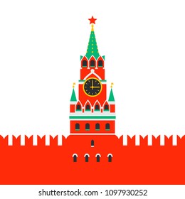 Moscow Kremlin. Spasskaya tower of the Kremlin on red square in Moscow, Russia. Russian national landmark in flat style ob white background. Vector illustration