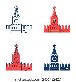 Conjunto de iconos de la torre Kremlin de Moscú. Torre Spasskaya y parte de la pared. Ilustración vectorial.