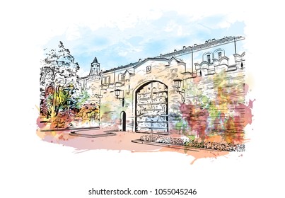 The Moscow Kremlin, usually referred to as the Kremlin, is a fortified complex at the heart of Moscow, Russia. Watercolor splash with hand drawn sketch illustration in vector.