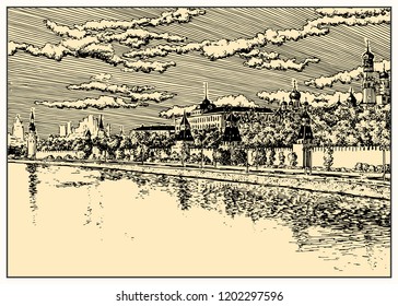Moscow Kremlin view. Embankment and Moscow River in Moscow, Russia.  Black and white sketch, line art. Dashed style. Poster, calendar, postcard.
