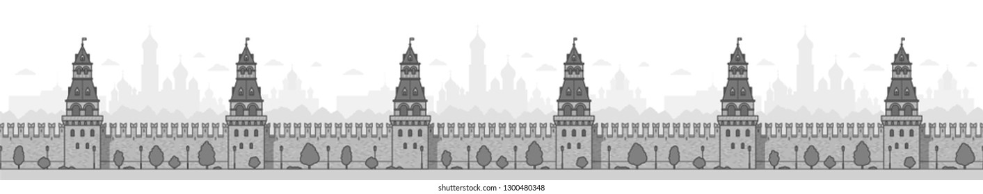 Moscow Kremlin Wall. Seamless flat style cityscape background for your projects. Monochrome vector illustration.