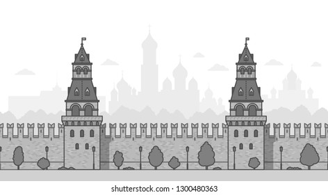 Moscow Kremlin Wall. Seamless flat style cityscape background for your projects. Monochrome vector illustration.