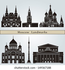 Moscow landmarks and monuments isolated on blue background in editable vector file
