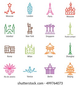 Moscow, London, Paris, Istanbul, New York, Singapore, Kuala Lumpur, Rome, Milan, Taipei, Shanghai, Rio, Venice, Berlin, Beijing outline icons with captions. Cities logos, landmarks, vector symbols.