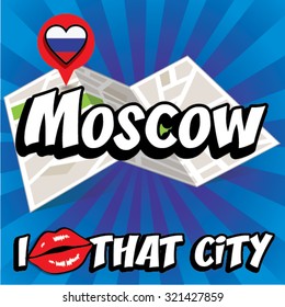 Moscow. I Love That City. Vector Illustration with country flag.