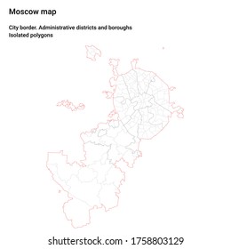 Moscow map. City border, administrative districts, boroughs. Isolated polygons