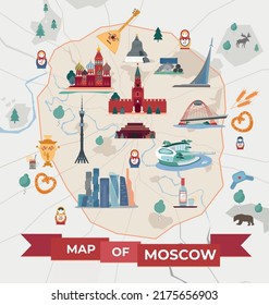 Moscow map composition with flat images of famous city sights on plain map with text ribbon vector illustration