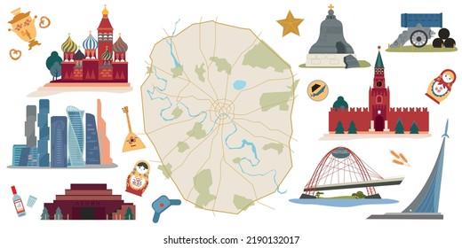 Moscow map set of flat isolated images with views of city landmarks and national stereotype icons vector illustration