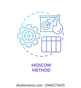 MoSCoW-Methode blaues Farbverlaufskonzept-Symbol. Aufgabenorganisation. Darstellung der runden Formlinie. Abstrakte Idee. Grafikdesign. Einfache Verwendung in Infografik, Werbematerial, Artikel, Blog-Beitrag