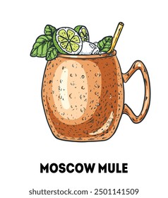 Moscow mule cocktail illustration. Hand drawn sketch. Vector illustration. Isolated object.