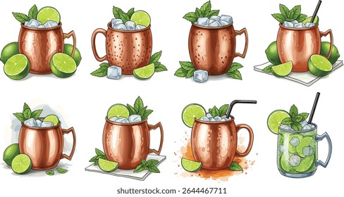 Moscow Mule cocktail served in copper mugs with ice, lime slices, mint leaves, and straws. Watercolor illustration collection on white background. Summer drink and bar menu concept.