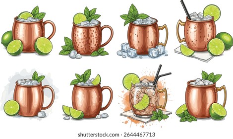 Moscow Mule cocktail served in copper mugs with ice, lime slices, mint leaves, and straws. Watercolor illustration collection on white background. Summer drink and bar menu concept.