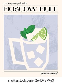 Moscow mule cocktail. Vector illustration of classic alcoholic drink with vodka. Alcohol drink in mug garnished with lime, ice and mint. Contemporary poster for bar, restaurants and menu.