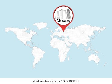 Moscow on the world map. The city of Moscow in the outlines is marked on the world map. Vector illustration.