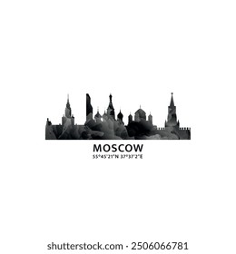 Moscow panorama, vector badge, skyline logo and icon. Russia capital city horizon logotype with landmarks and building silhouettes. Isolated foggy abstract gradient graphic