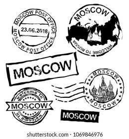 Moscow postal or visa stamps. Rubber seal stamp with aged texture. Vector illustration in black color isolated on a white background.