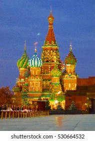 Moscow, Red Square, Moscow Kremlin, St. Basil's Cathedral. Mosaic background vector illustration. Ideal to illustrate of souvenir production, booklets about tourism in Russia.