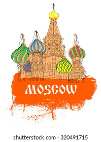 Moscow, Red Square in sketch style with orange title 'Moscow' and colorful cathedral