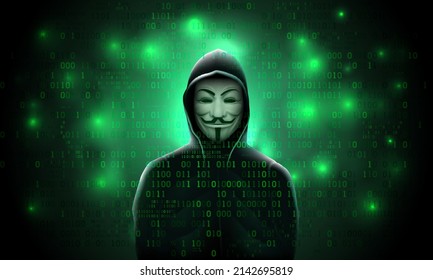 Moscow, Russia - April 4, 2022: Silhouette anonymous computer hooded hacker on green background with binary code. Anonymous hacker activist group. hacking computer system, theft of data. Vector